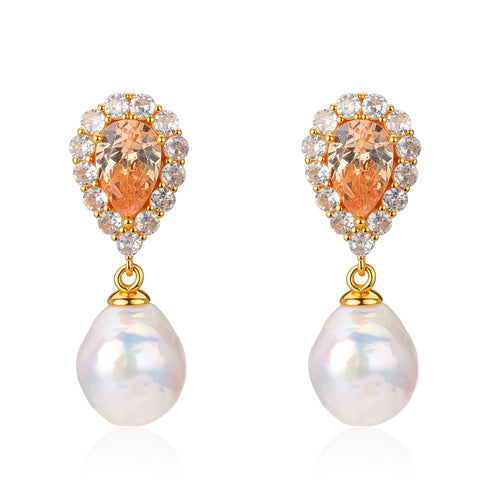 Baroque Edison Pearl Peach Zirconia Halo Earrings